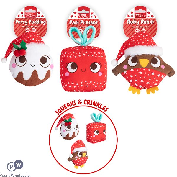 Smart Choice Christmas Squeaky Crinkle Festive Plush Dog Toy Assorted