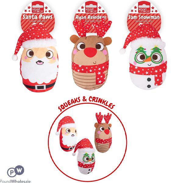 Smart Choice Christmas Squeaky Crinkle Plush Dog Toy 17cm Assorted