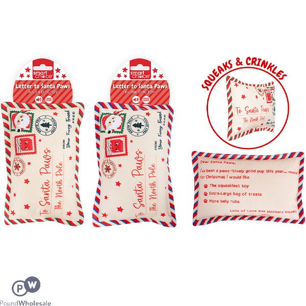 Smart Choice Christmas Crinkle Plush Letter To Santa Paws Dog Toy Assorted