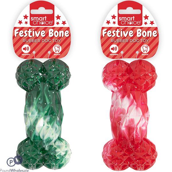 Smart Choice Christmas Squeaky Sparkle Festive Rubber Bone Dog Toy Assorted Colours