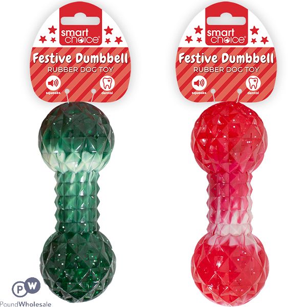 Smart Choice Christmas Sparkly Squeaky Rubber Festive Dumbbell Dog Toy Assorted Colours