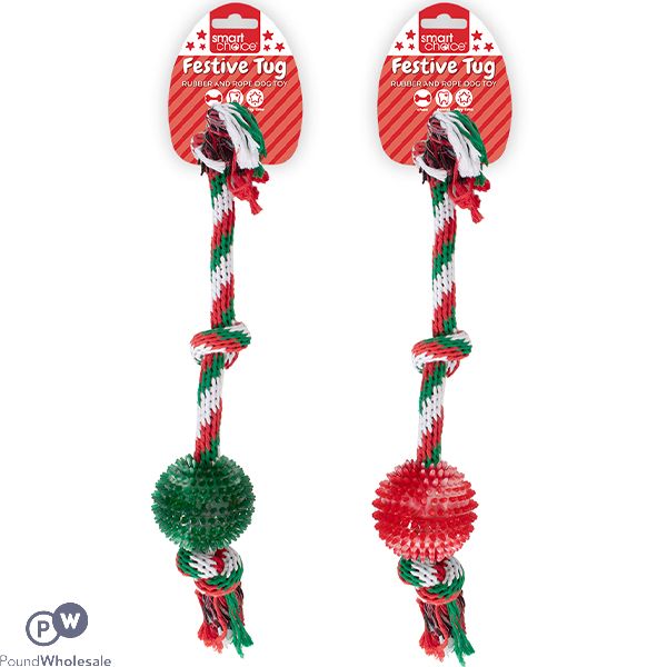 Smart Choice Christmas Rubber & Rope Ball Tug Dog Toy 52cm Assorted Colours