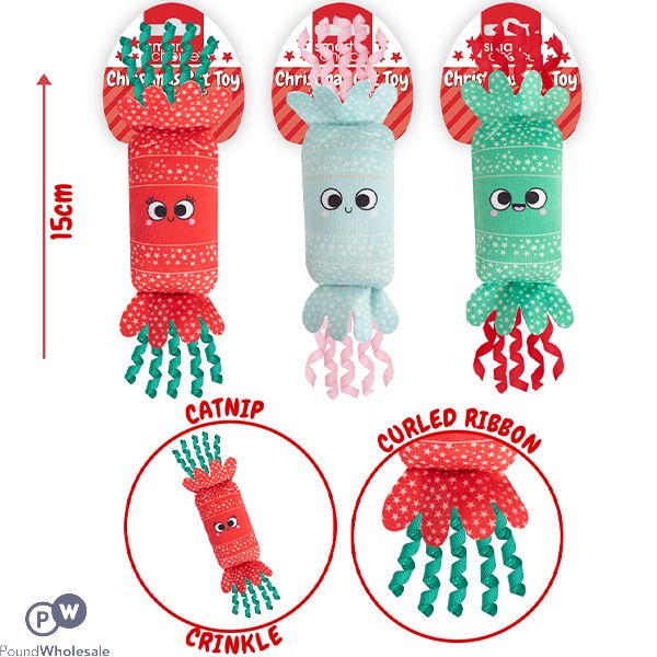 Smart Choice Christmas Cracker Catnip Crinkle Ribbon Cat Toy 15cm Assorted Colours