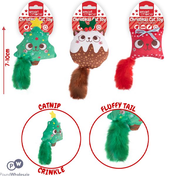 Smart Choice Christmas Catnip Fluffy Tail Cat Toy 10cm Assorted