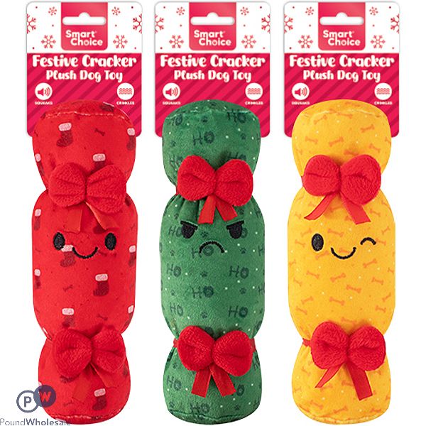Smart Choice Christmas Squeaky Crinkle Festive Cracker Plush Dog Toy 28cm Assorted