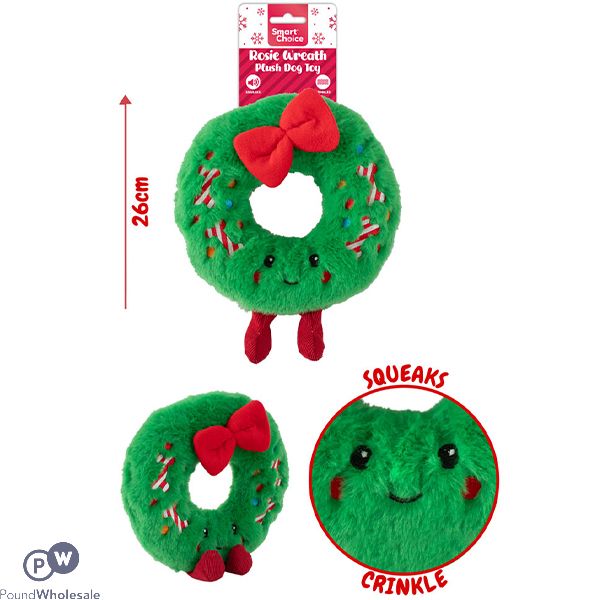 Smart Choice Christmas Squeaky Crinkle Plush Festive Rosie Wreath Dog Toy 26cm