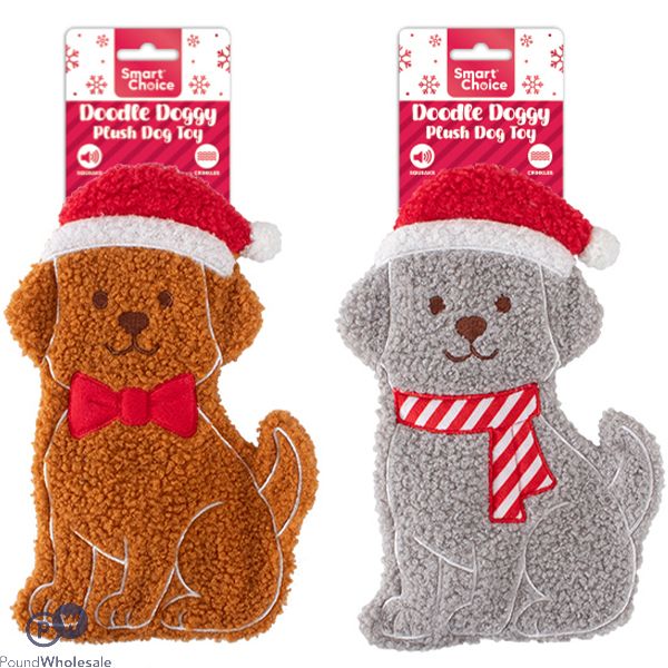 Smart Choice Christmas Squeaky Crinkle Doodle Flat Doggy Plush Dog Toy 23cm Assorted