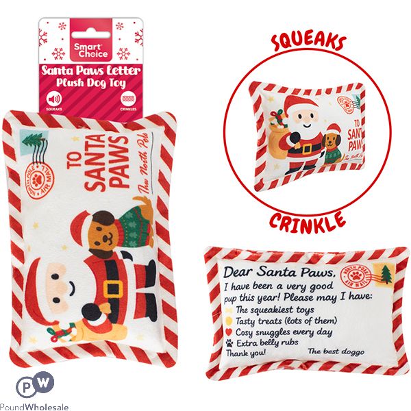 Smart Choice Christmas Squeaky Crinkle Santa Paws Letter Plush Dog Toy
