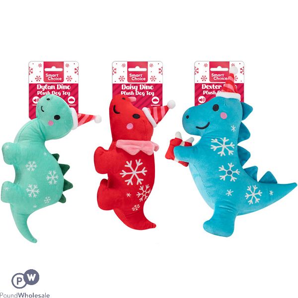 Smart Choice Christmas Squeaky Dinosaur Plush Dog Toy Assorted