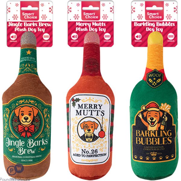 Smart Choice Christmas Squeaky Plush Drink Bottle Dog Toy 25cm Assorted