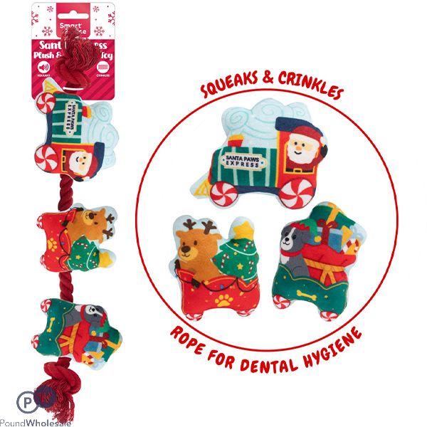 Smart Choice Christmas Squeaky Crinkle Plush Rope Santa's Festive Train Dog Toy 46cm