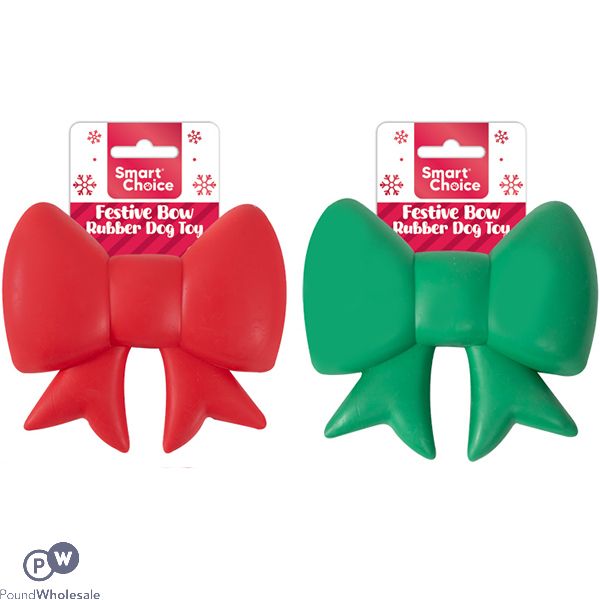 Smart Choice Christmas Squeaky Rubber Festive Bow Dog Toy 15cm Assorted Colours
