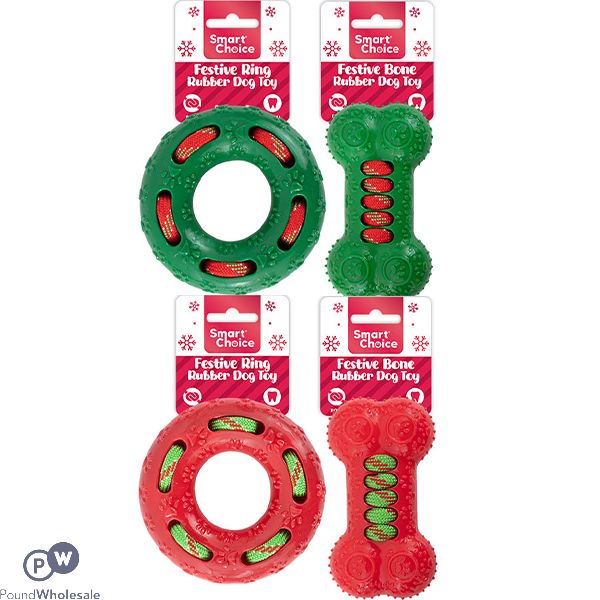 Smart Choice Christmas Festive Ring & Bone Rubber Rope Dog Toy Assorted