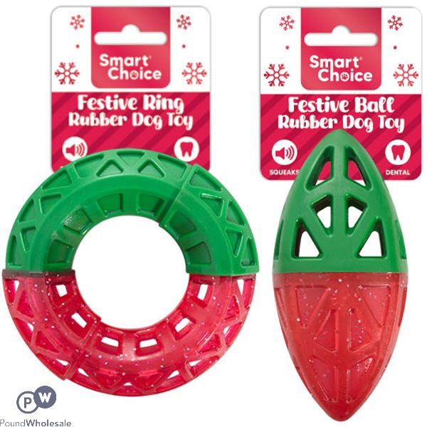 Smart Choice Christmas Squeaky Festive Rubber Ring & Rugby Ball Dog Toy Assorted