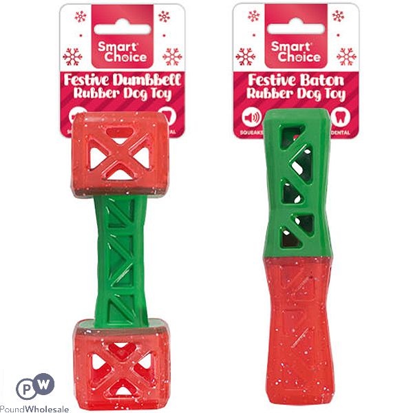 Smart Choice Christmas Rubber Sparkly Festive Dumbbell & Baton Dog Toy 19cm Assorted