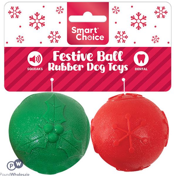 Smart Choice Christmas Squeaky Festive Rubber Ball Dog Toys 9cm 2 Pack