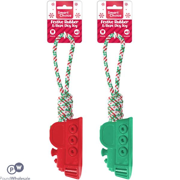 Smart Choice Christmas Squeaky Festive Rubber & Rope Train Dog Toy 35cm Assorted Colours