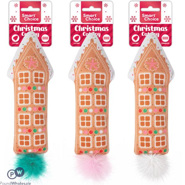 Smart Choice Christmas Catnip Feathers Crinkle Gingerbread House Cat Toy 28cm Assorted Colours