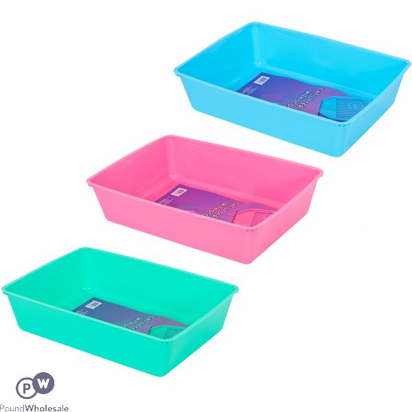 WORLD OF PETS CAT LITTER TRAY WITH SCOOP 3 ASSORTED COLOURS