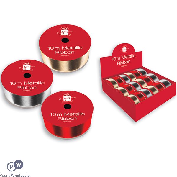 Giftmaker Metallic Ribbon 10m 3 Assorted Colours Cdu