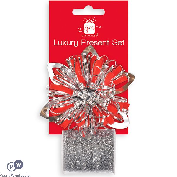 Giftmaker Luxury Silver Bow & Tinsel Christmas Present Set