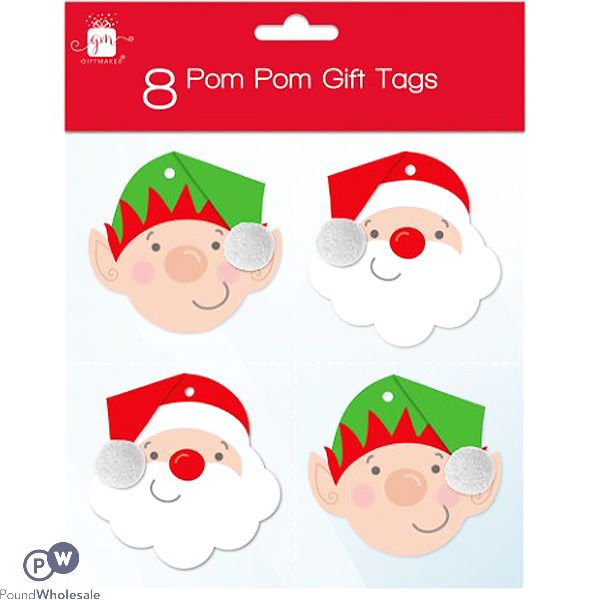 GIFTMAKER POM POM CHRISTMAS GIFT TAGS 8 PACK ASSORTED