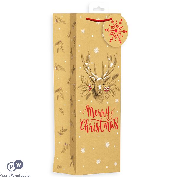 Giftmaker Kraft Stag Christmas Gift Bag Bottle