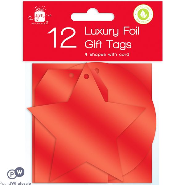 GIFTMAKER LUXURY FOIL RED CHRISTMAS GIFT TAGS 12 PACK ASSORTED