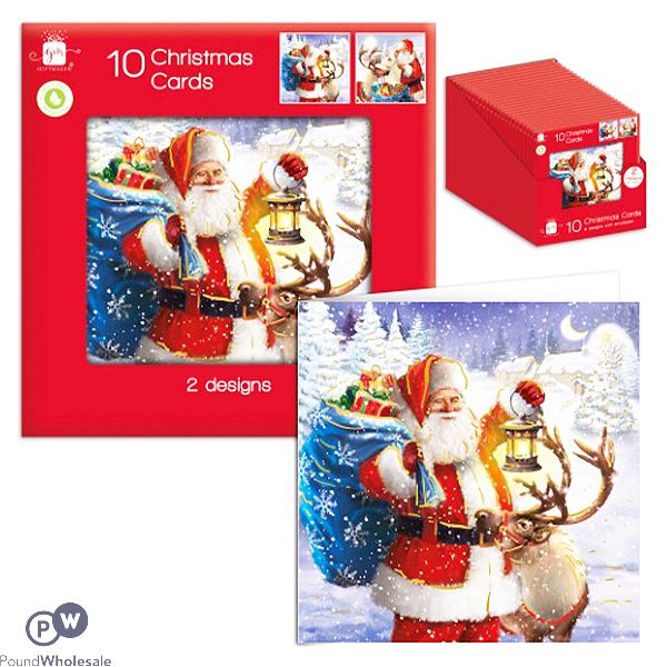 Giftmaker Assorted Santa & Reindeer Square Christmas Cards 10 Pack Cdu