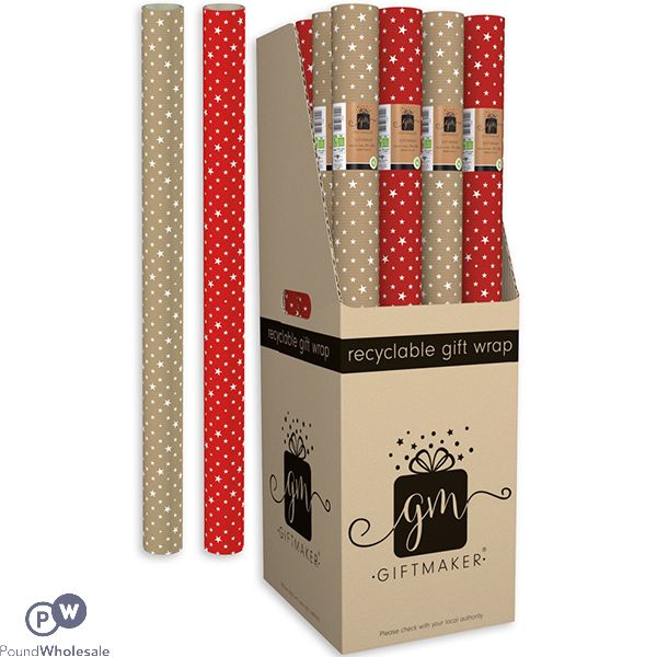Giftmaker Assorted Kraft Red & Gold Stars Gift Wrap 2m Cdu