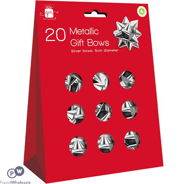 Giftmaker Christmas 5cm Self-adhesive Metallic Silver Gift Bows 20 Pack