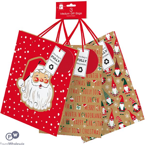 Giftmaker Assorted Christmas Kraft Gift Bags Medium 3 Pack