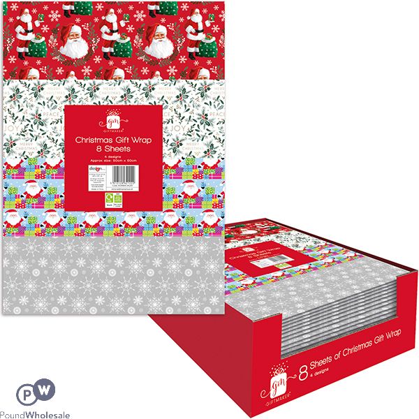 Giftmaker Christmas Assorted Gift Wrap Sheets 8 Pack 50cm X 50cm Cdu
