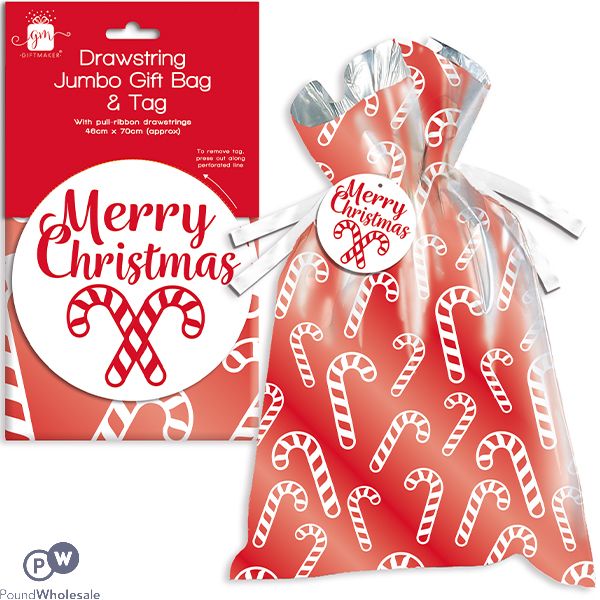 Giftmaker Christmas Candy Cane Drawstring Jumbo Gift Bag & Tag 46cm X 70cm