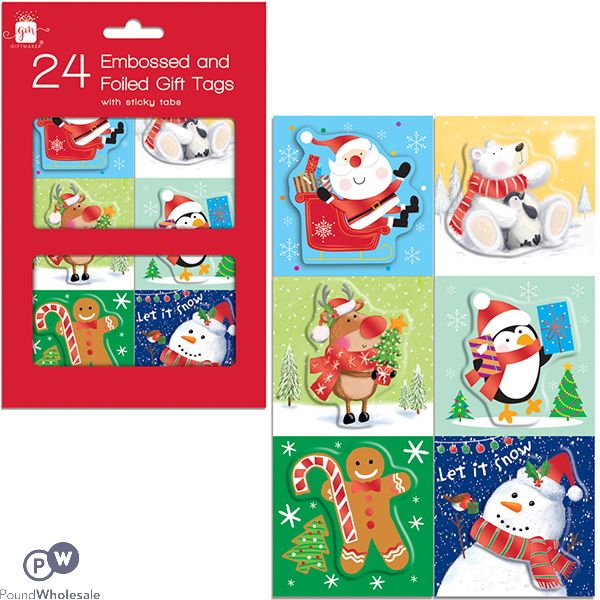 Giftmaker Christmas Assorted Sticky Tab Embossed & Foiled Gift Tags 24 Pack