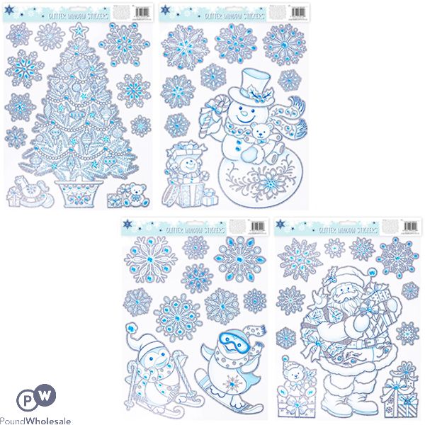 Christmas Glitter Window Stickers Four Assorted