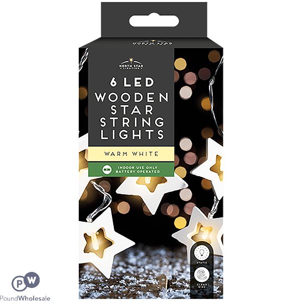 Christmas 6 Led Wooden Star Warm White String Lights 1.5m