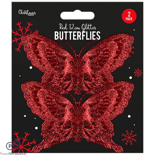 Christmas Red Glitter Butterfly Decorations 2 Pack