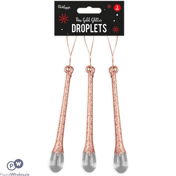 Christmas Rose Gold Glitter Droplet Decorations 3 Pack