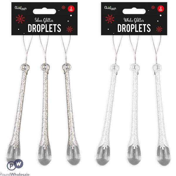 Christmas Glitter Droplet Decorations 3 Pack Assorted Colours