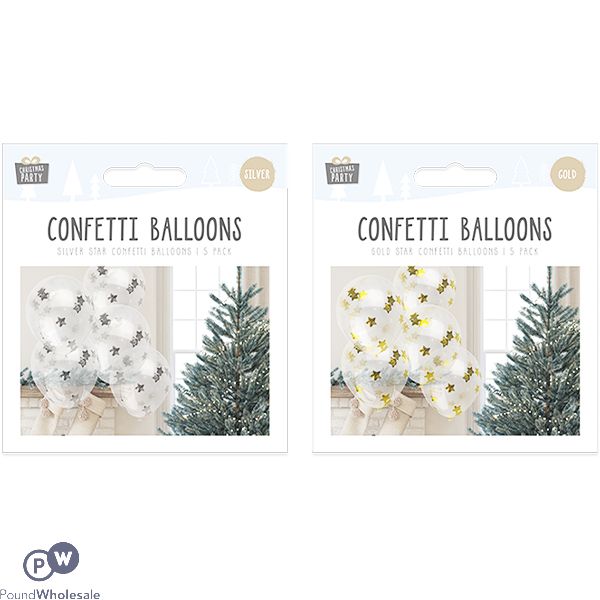 CHRISTMAS GOLD & SILVER STAR CONFETTI BALLOONS 5 PACK ASSORTED