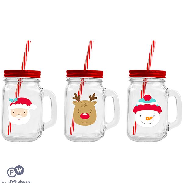Christmas Glass Mason Jar & Straw Assorted