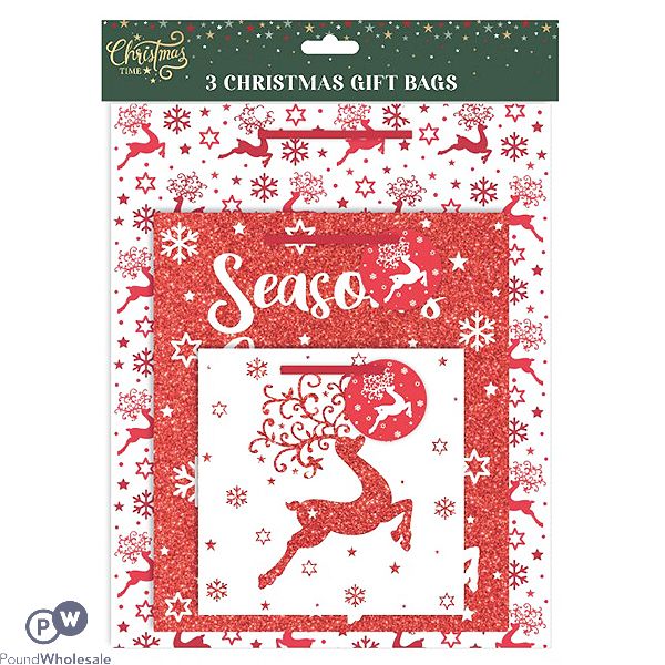Christmas Assorted Red Glitter Gift Bags 3 Pack