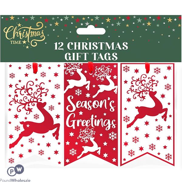 CHRISTMAS ASSORTED RED FOIL GIFT TAG 12 PACK 