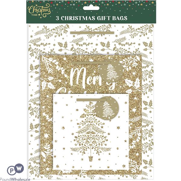 Christmas Assorted Gold Glitter Gift Bags 3 Pack