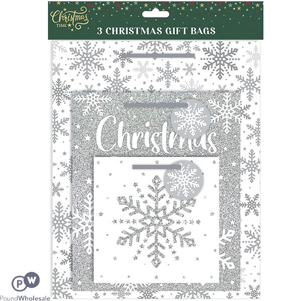 Christmas Assorted Silver Glitter Gift Bags 3 Pack
