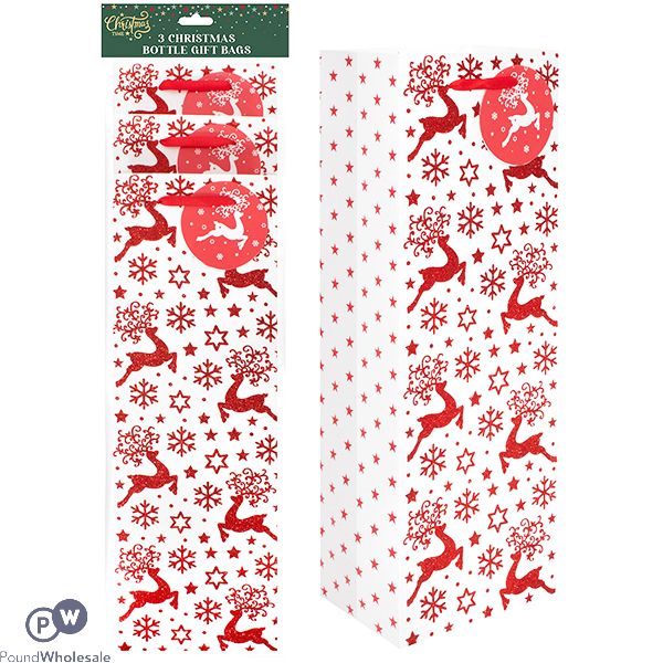 CHRISTMAS RED GLITTER BOTTLE GIFT BAGS 3 PACK