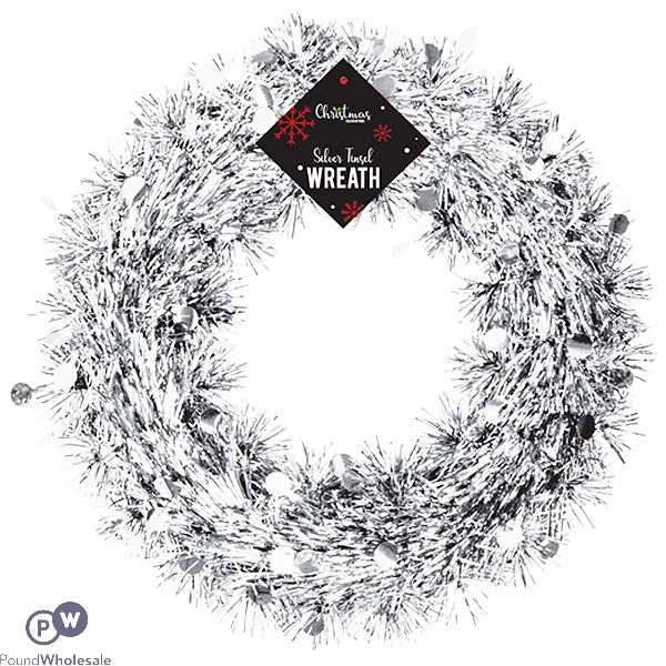 CHRISTMAS SILVER TINSEL WREATH 28CM