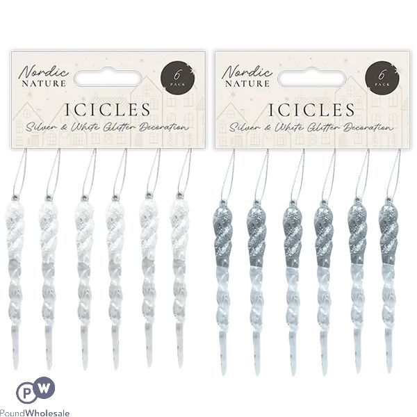 Christmas Silver & White Acrylic Glitter Icicles 13cm X 1cm 6 Pack Assorted Colours