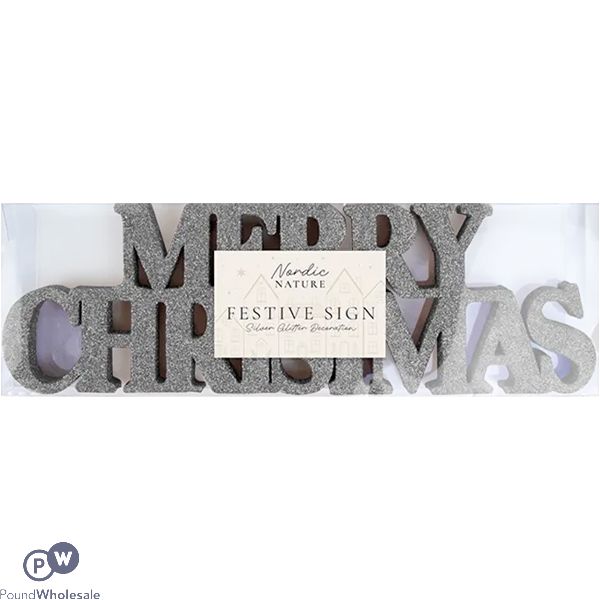 Nordic Silver Merry Christmas Glitter Sign 10cm X 32cm